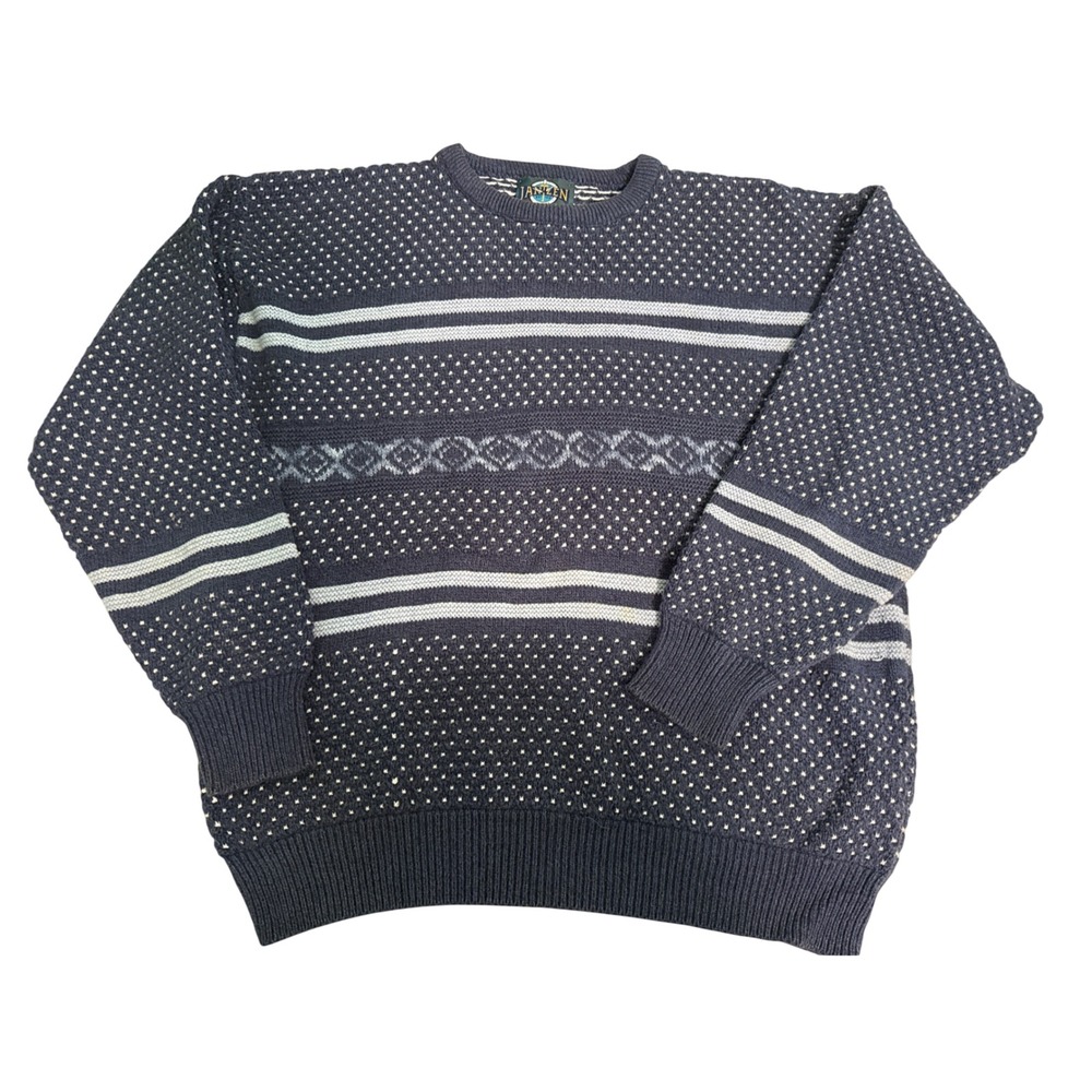 Jantzen Vintage Mens XL Navy Blue Birdseye Fair Isle Knit Sweater Made in USA